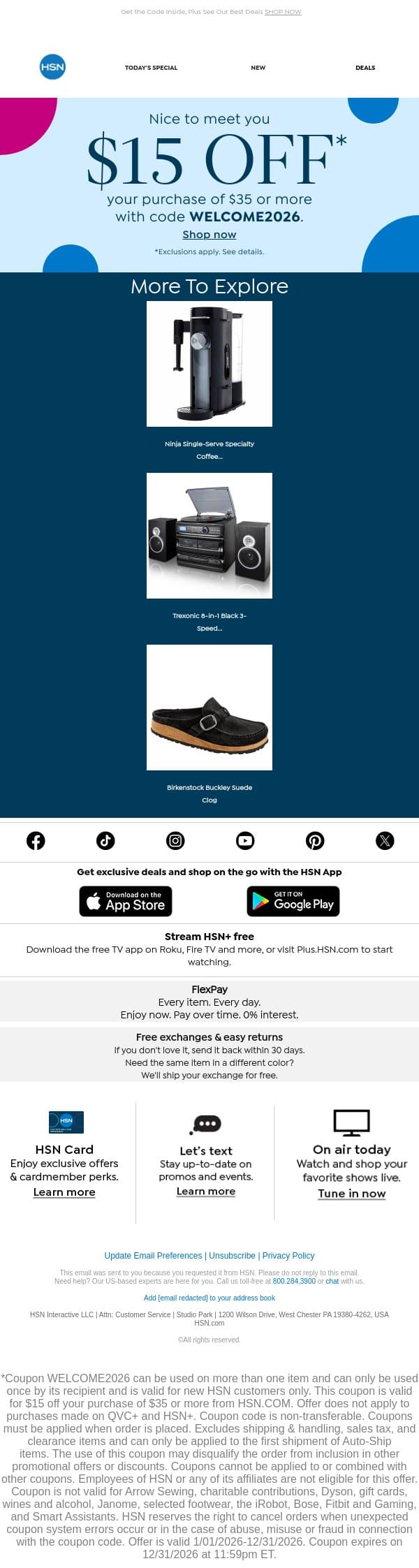 Welcome! $15 Off Your First Order Awaits email from HSN screenshot