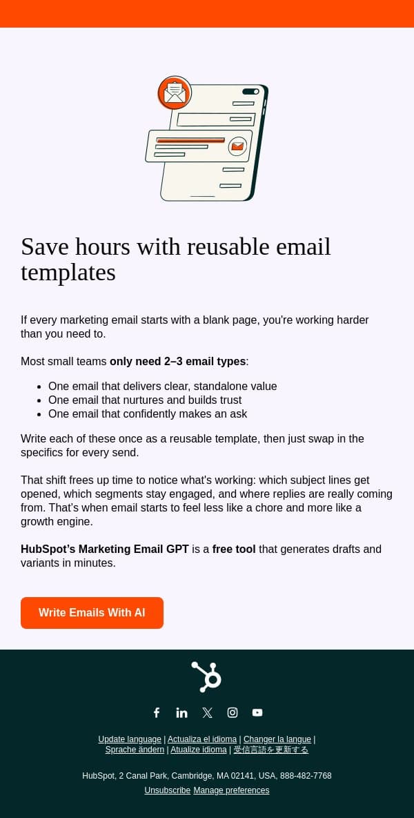 Never start another email from a blank page email from HubSpot screenshot