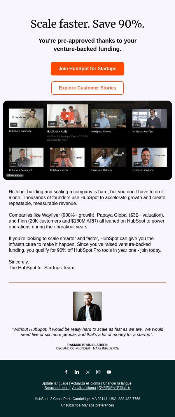 Unlock the tools powering today’s fastest-growing startups email from HubSpot screenshot
