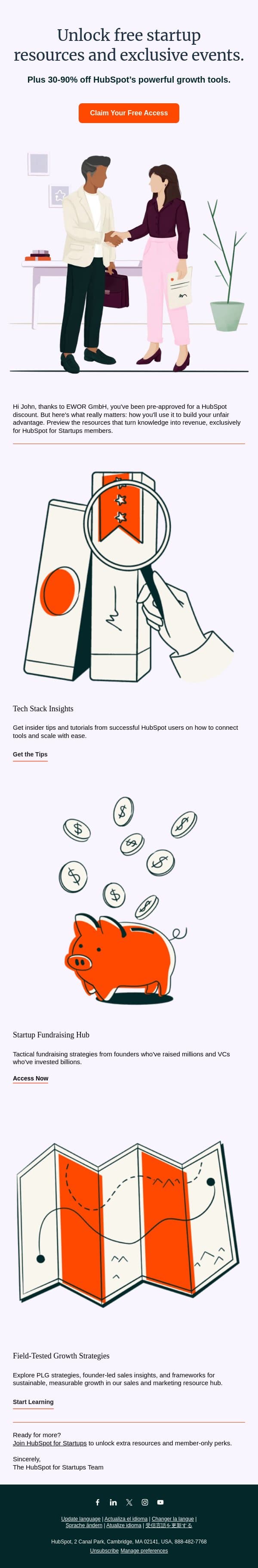 You’re pre-approved for exclusive startup perks. email from HubSpot screenshot