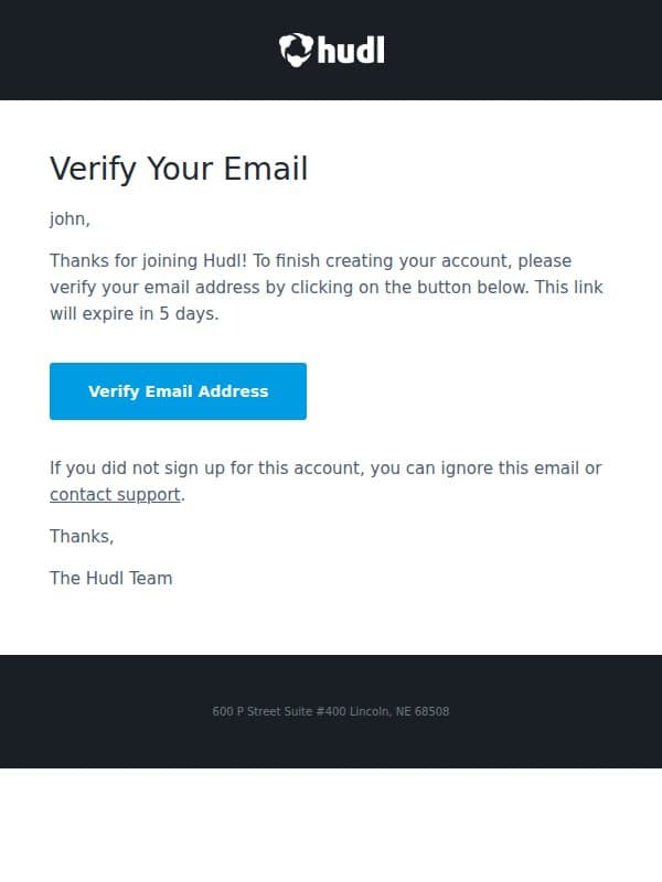 Verify Your Email email from Hudl screenshot