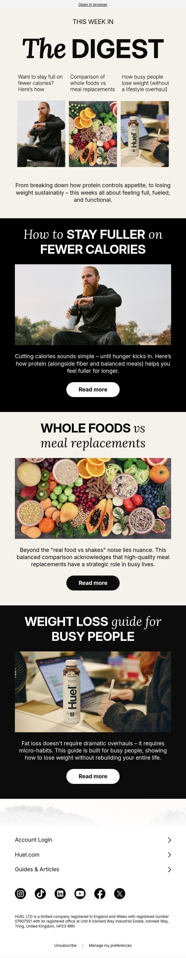 How to feel fuller on fewer calories 🍽️ email from Huel screenshot