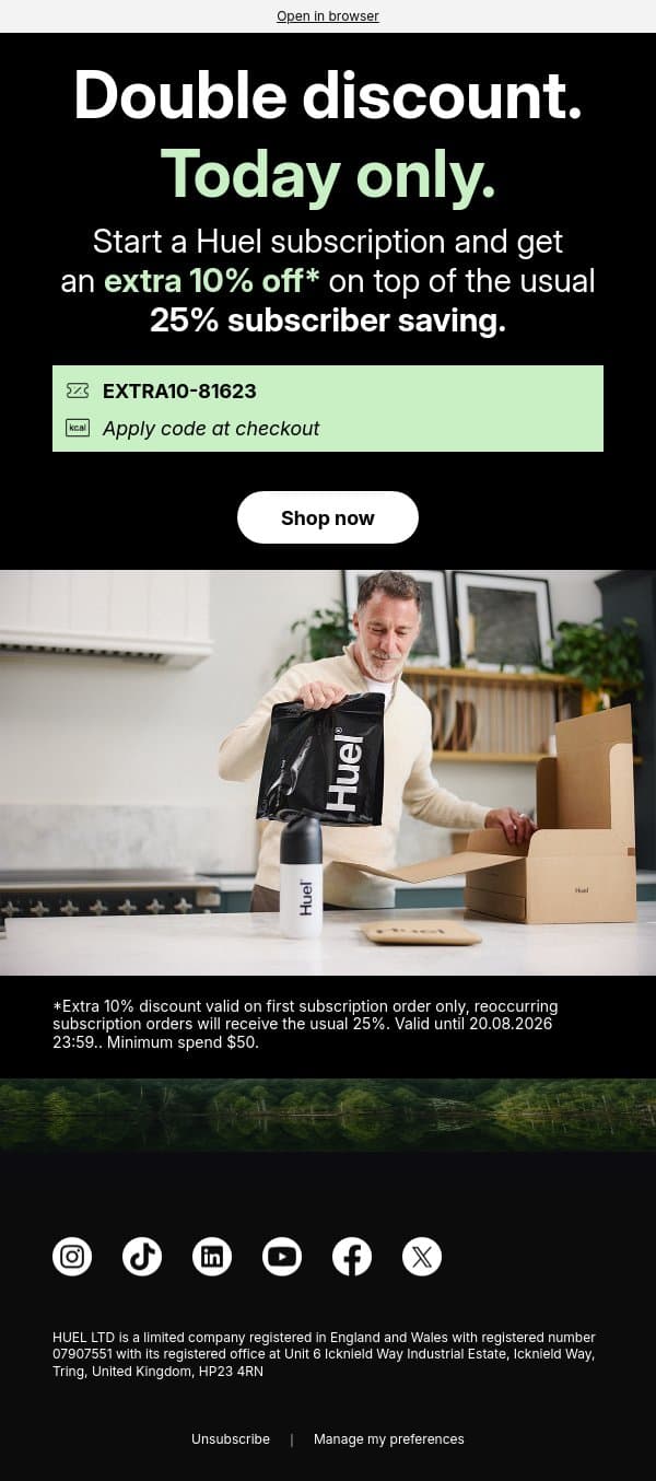 Today only: double savings 👀 email from Huel screenshot