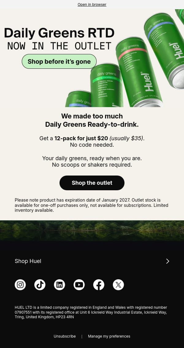 We made too much: Daily Greens RTD email from Huel screenshot