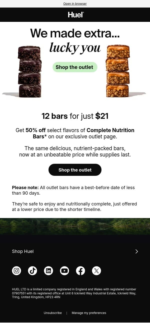 50% Off Bars While Supplies Last email from Huel screenshot