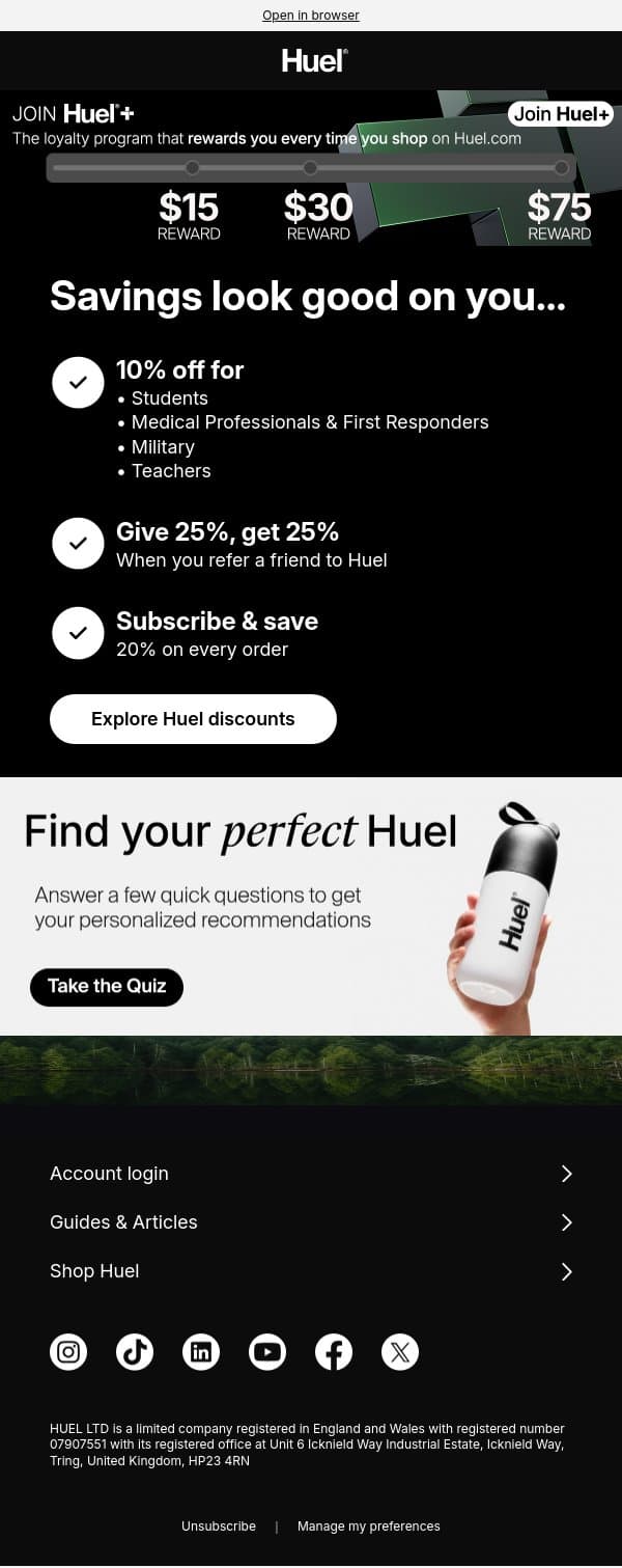 You're on the discount list 🎟️ email from Huel screenshot