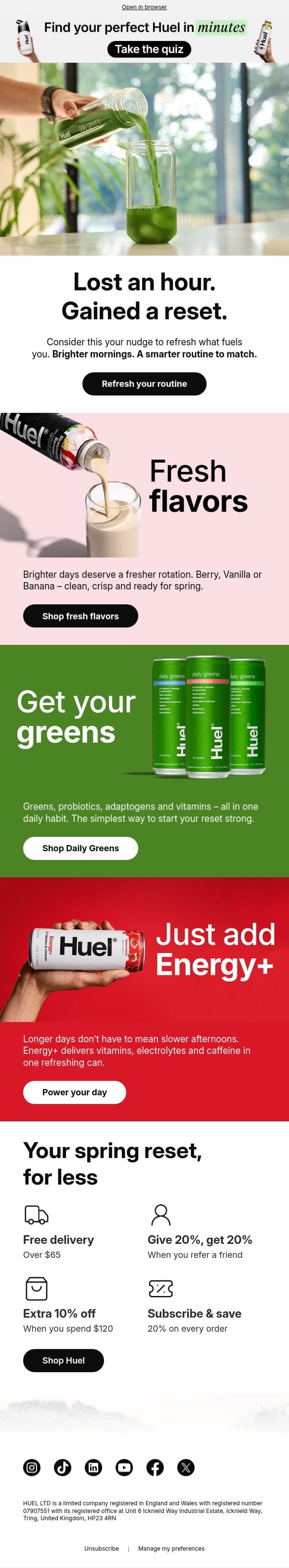 Lost an hour? Time to reset 🌱 email from Huel screenshot