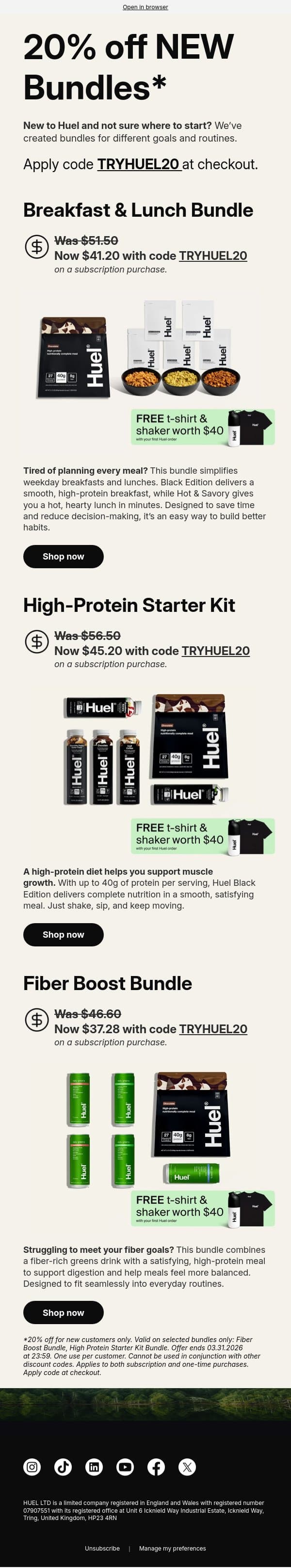 20% off + FREE welcome kit 🔥 email from Huel screenshot