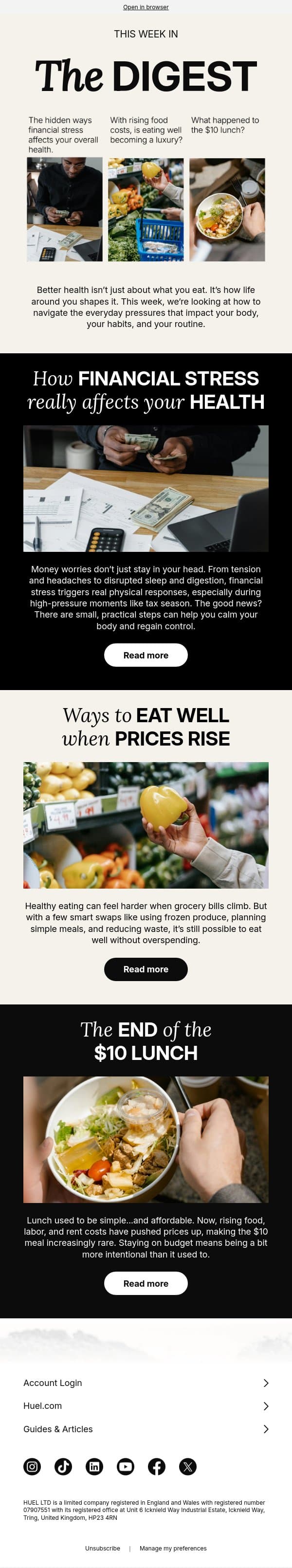 How does financial stress really affect your health? email from Huel screenshot