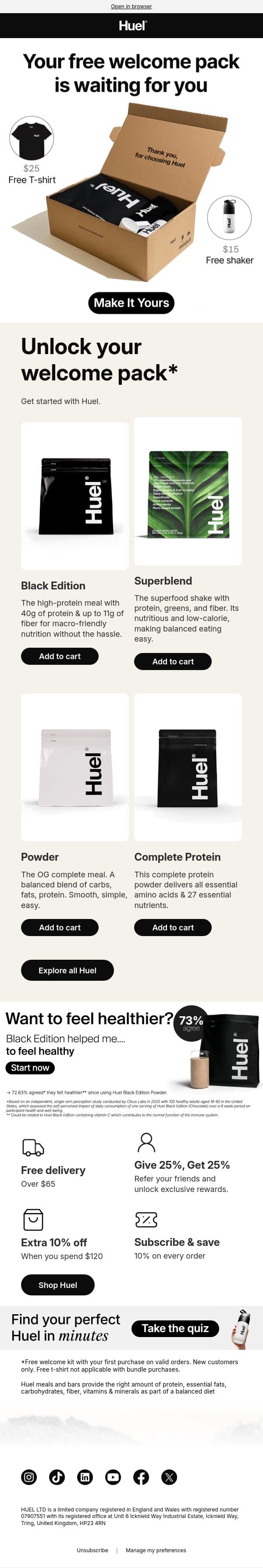 Your free welcome pack is waiting... email from Huel screenshot