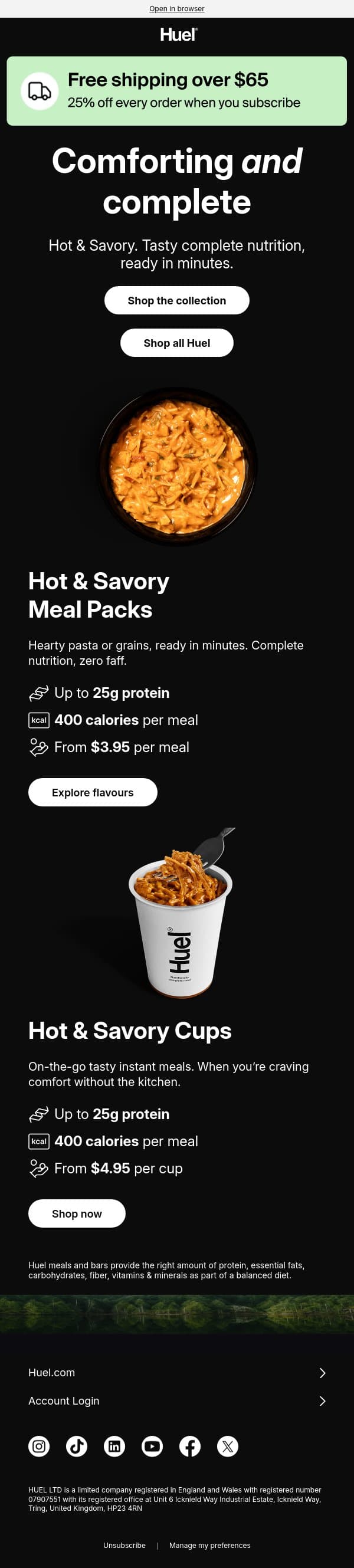 Hot, satisfying meals. From $3.95. 🍜 email from Huel screenshot