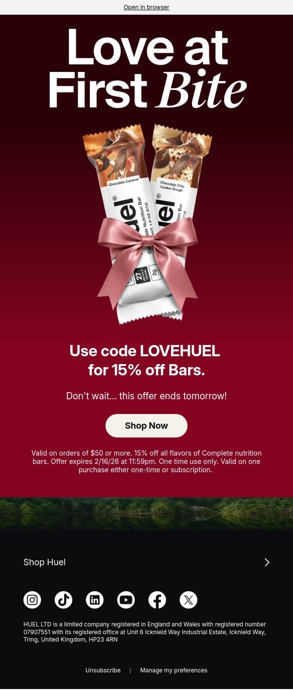 Last Chance for 15% Bars email from Huel screenshot