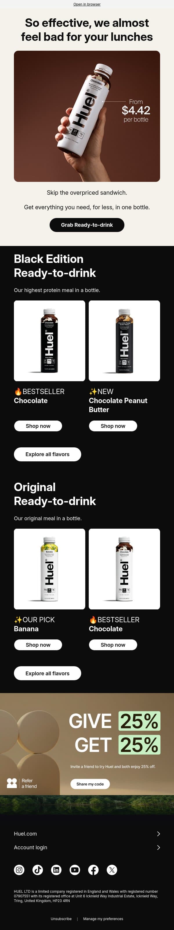 Your $12 sandwich won't like this. email from Huel screenshot