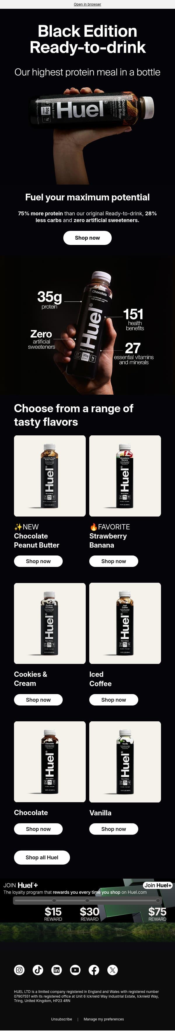 Elite nutrition, bottled. email from Huel screenshot