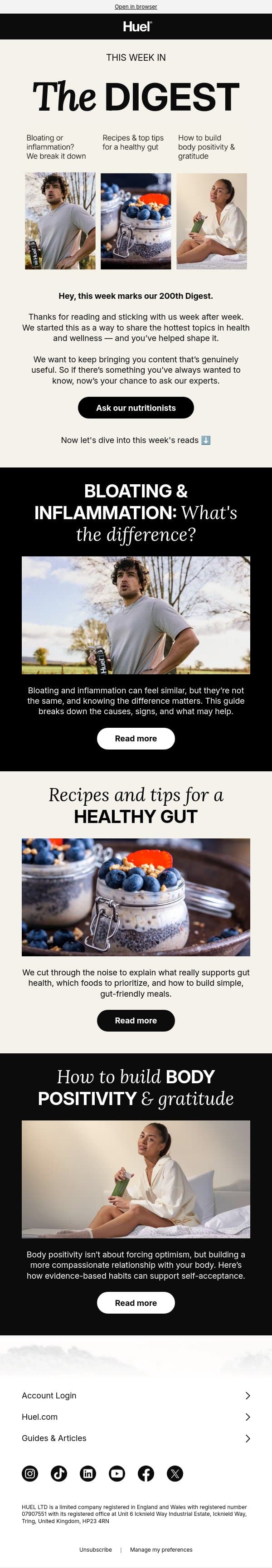 Bloating or inflammation? Here's how to tell email from Huel screenshot