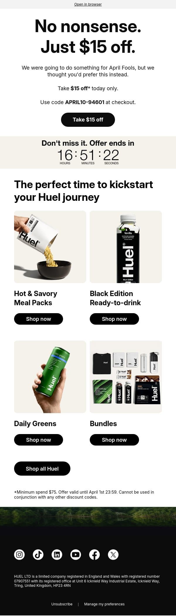 $15 off today only email from Huel screenshot