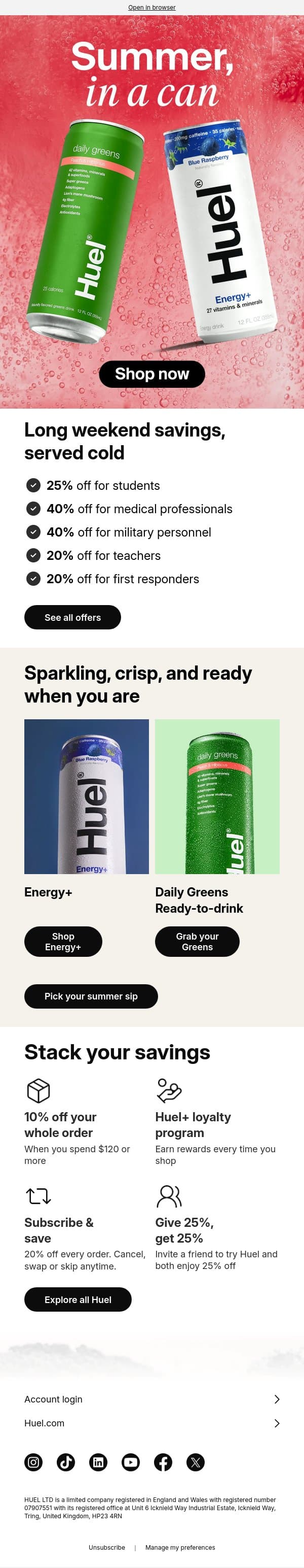 Summer essentials, discounted 🧊 email from Huel screenshot