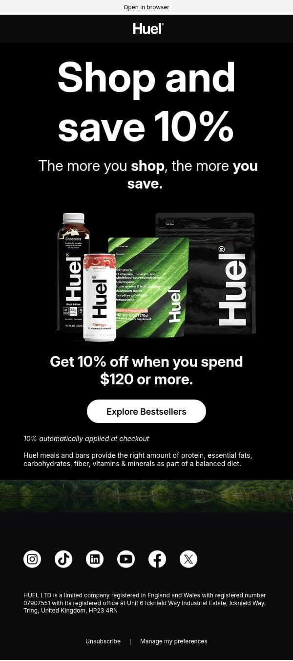 New to Huel? Save 10% on your first shop email from Huel screenshot