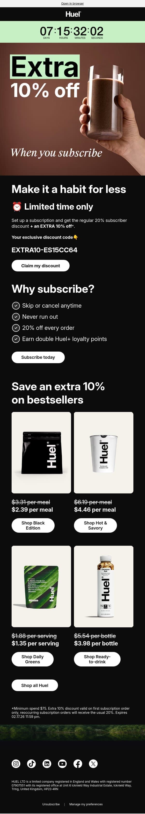 Exclusive extra 10% off 📦 email from Huel screenshot