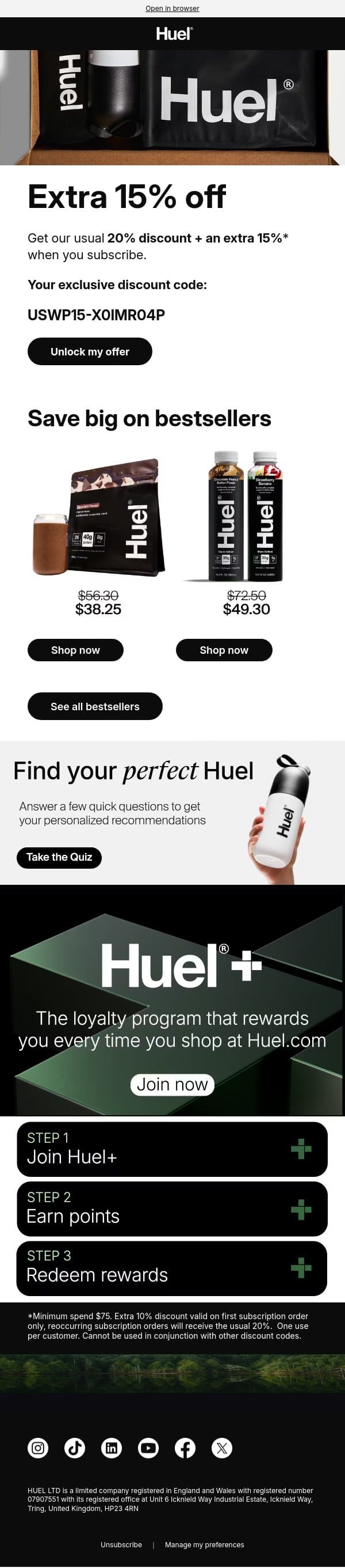 Just dropped: extra 15% off 💥 email from Huel screenshot