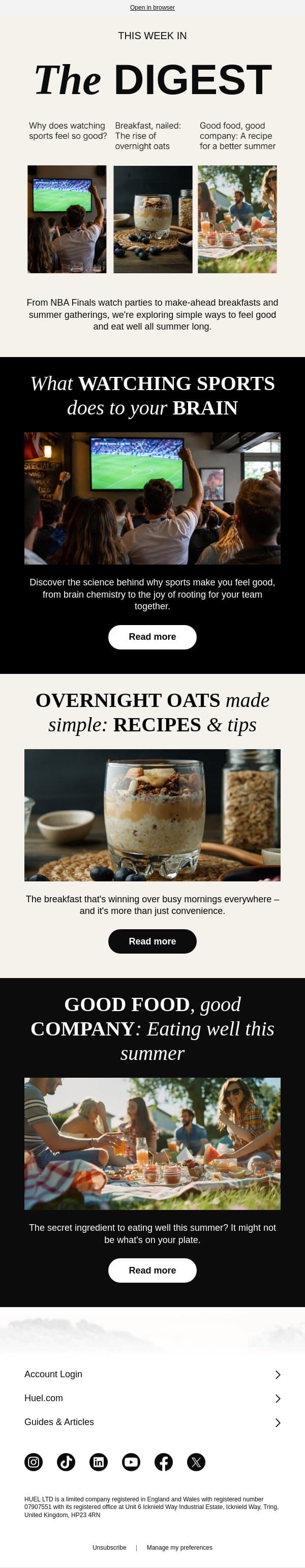 Why watching sports feels so good 🇺🇸🧡💙 email from Huel screenshot