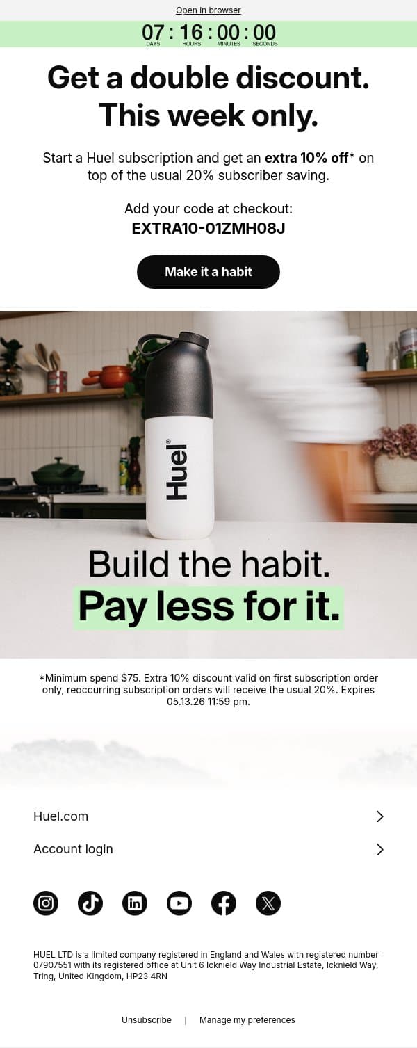 Double discount, this week only 👀 email from Huel screenshot
