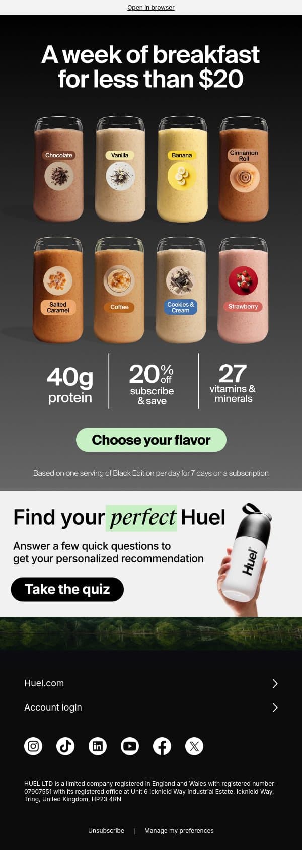 A week of breakfast for less than $20 email from Huel screenshot