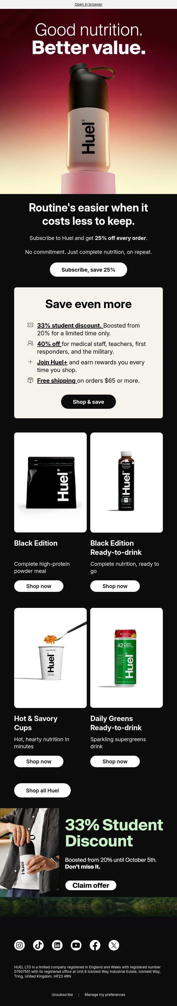 Back to routine. Not to overspending. email from Huel screenshot