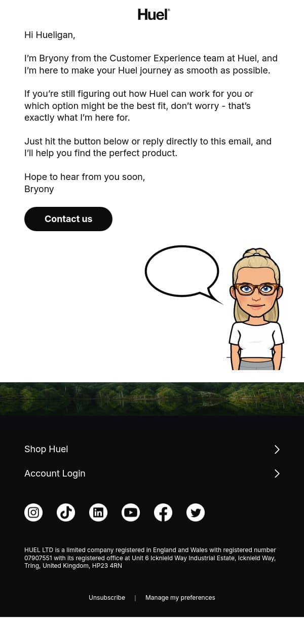 Hey - Bryony here from the Customer Experience Team 👋 email from Huel screenshot