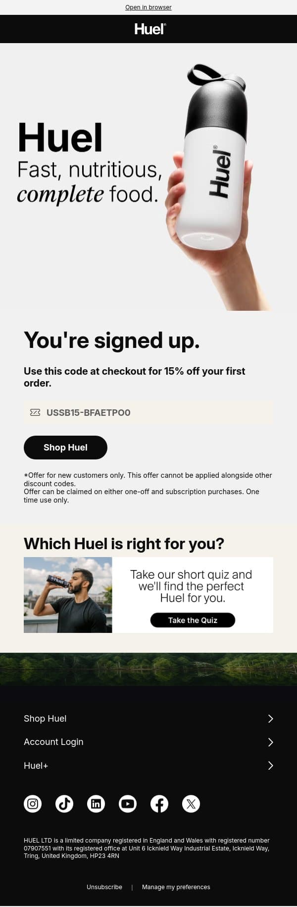 Here's 15% off your first order email from Huel screenshot