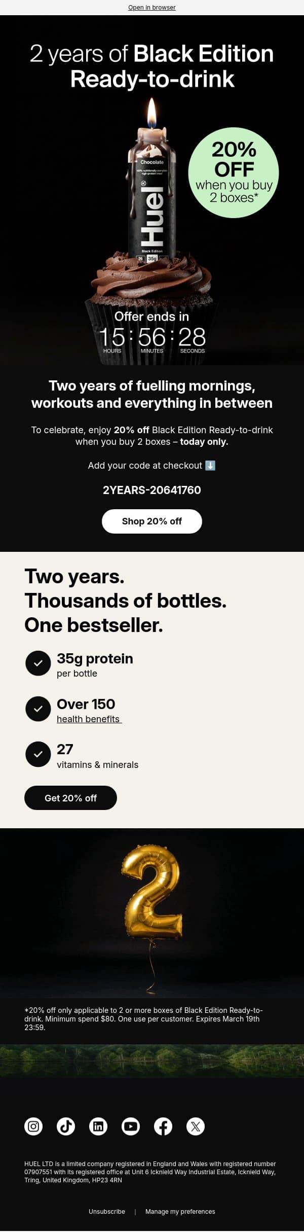 20% off our bestseller. Today only. 🎂 email from Huel screenshot