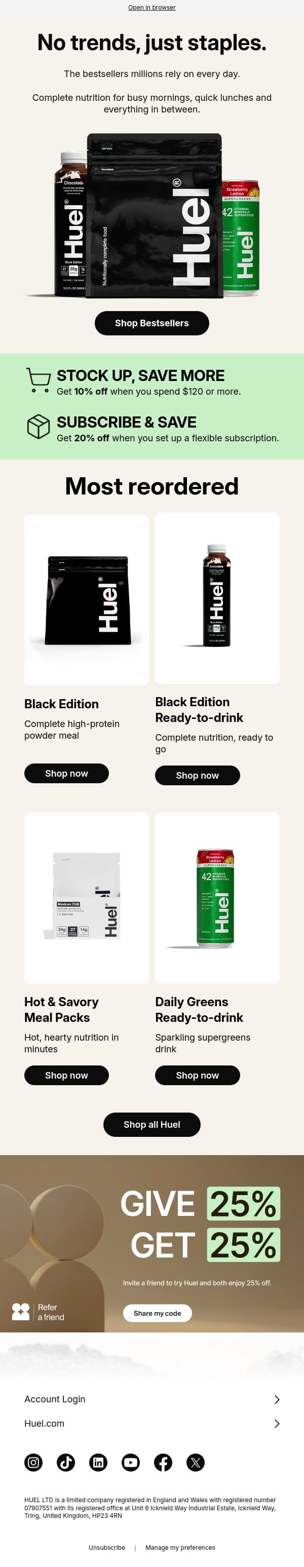 Reordered. Repeatedly. email from Huel screenshot