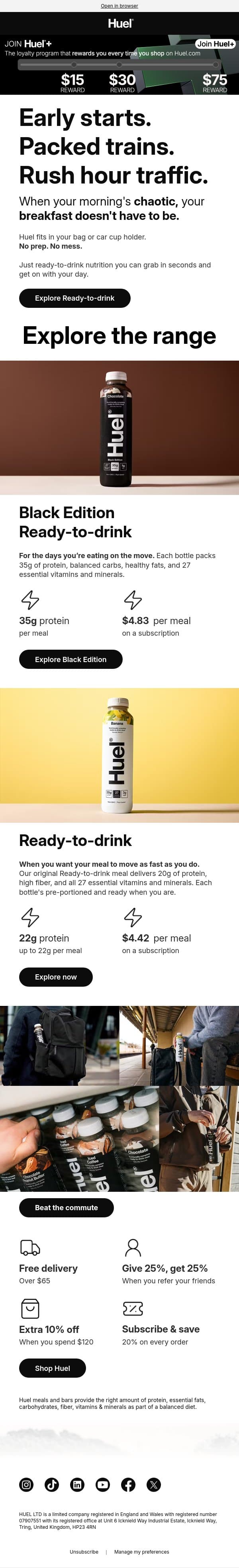 Beat the morning rush 🚆 email from Huel screenshot