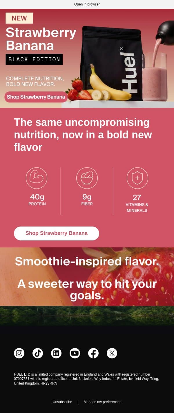 Ripe strawberry. Creamy banana. 40g protein. 🍓🍌 email from Huel screenshot