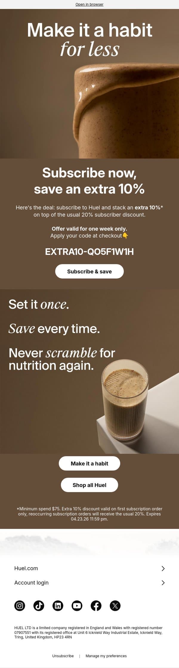 Make it a habit – and save 10% 🔁 email from Huel screenshot