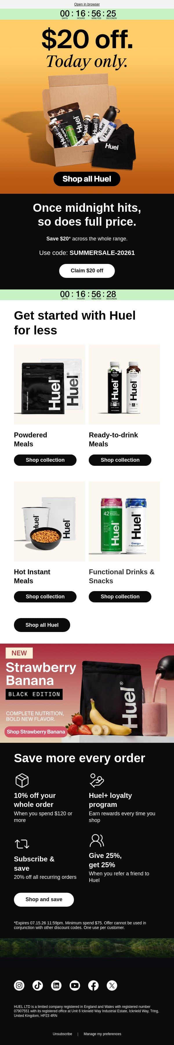 $20 off everything. One day only. ⚡️ email from Huel screenshot