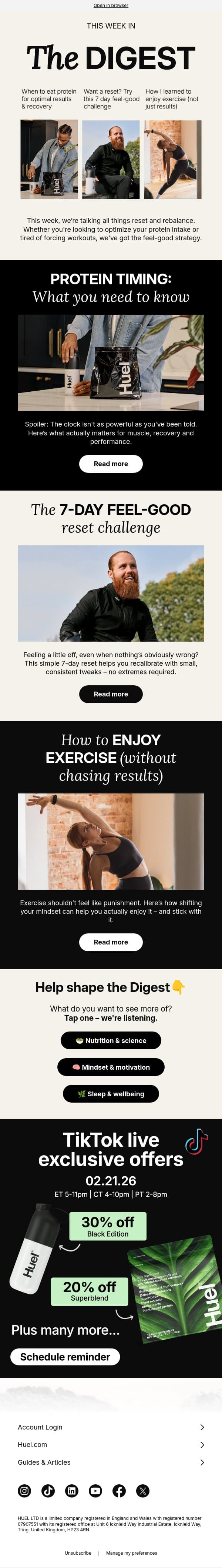 Does protein timing actually matter? 🕓 email from Huel screenshot