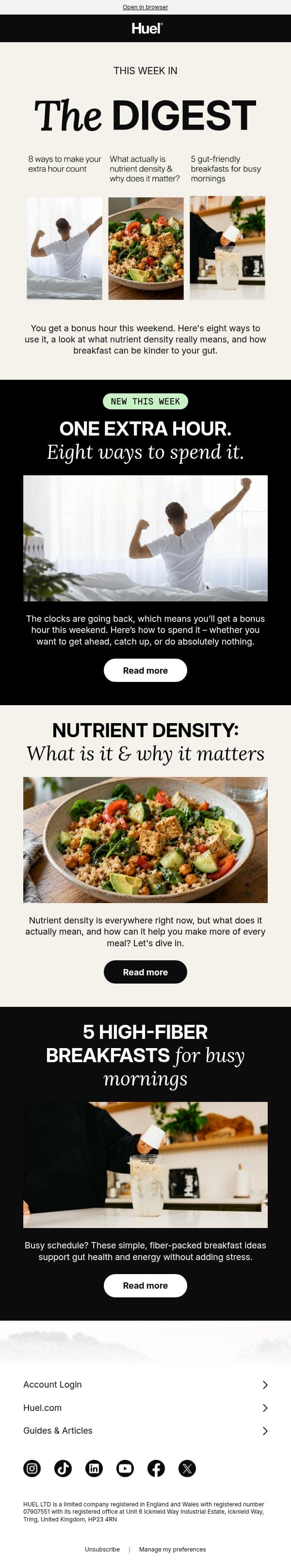 8 ways to spend your extra hour 🕐 email from Huel screenshot