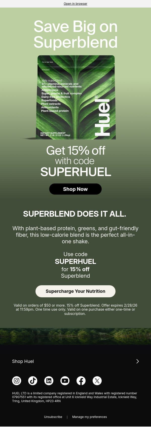 Superblend. Super Savings. email from Huel screenshot