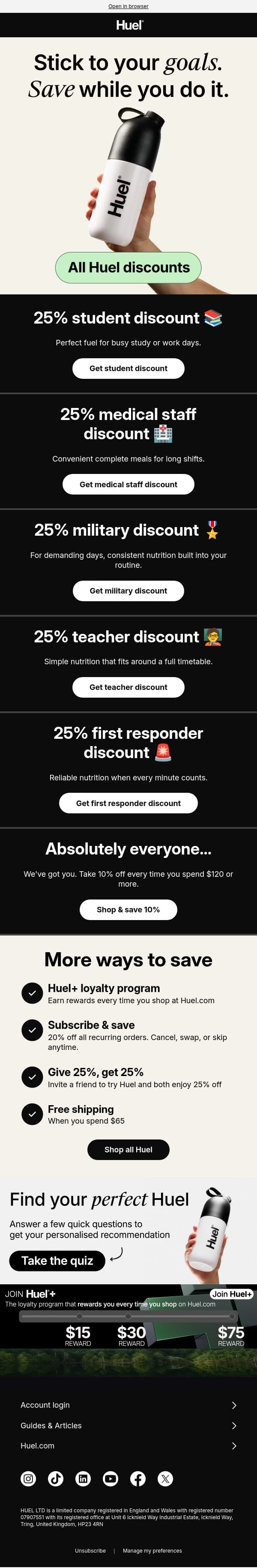 Hey, you might qualify for a discount 👀 email from Huel screenshot