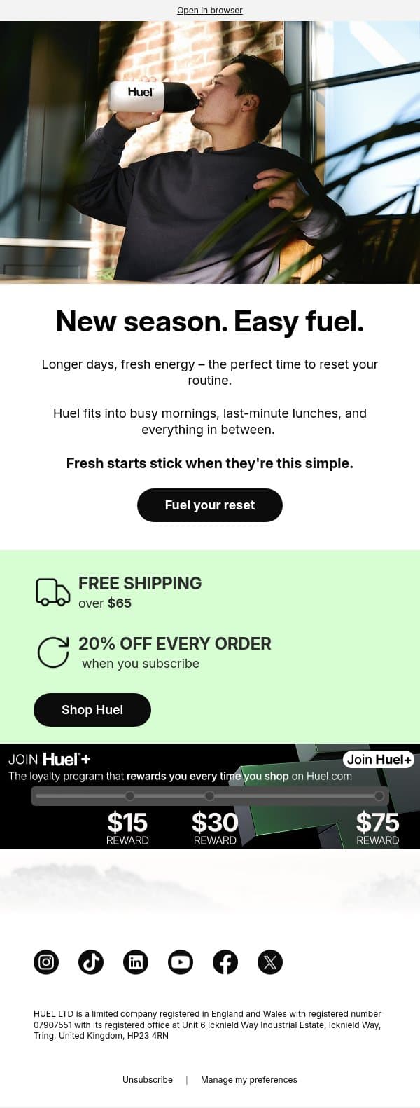 Fresh start energy? Fuel it properly 🌱 email from Huel screenshot