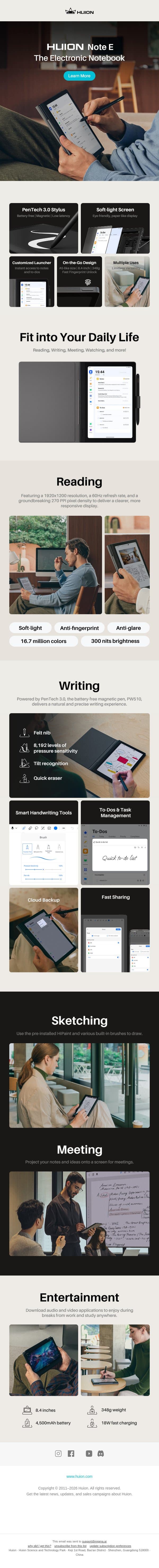 Introducing Our Productive Electronic Notebook, Huion Note E✍️ email from Huion screenshot