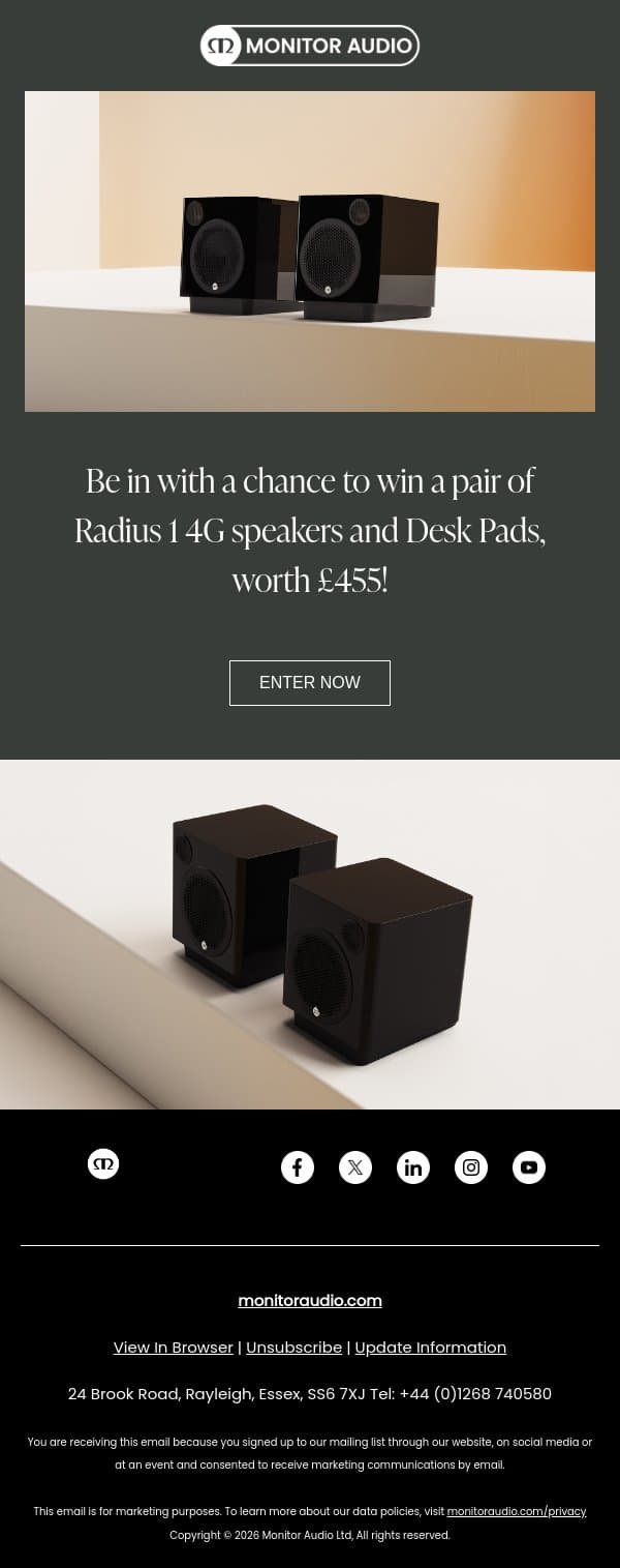 Be in with a chance to win a pair of Radius 1 4G speakers and Desk Pads, worth £455! email from Hulu screenshot