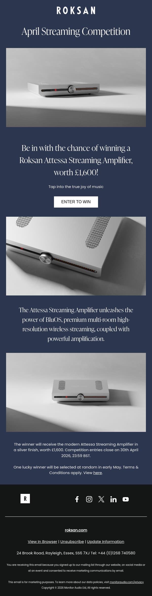Win a Roksan Attessa Streaming Amplifier email from Hulu screenshot