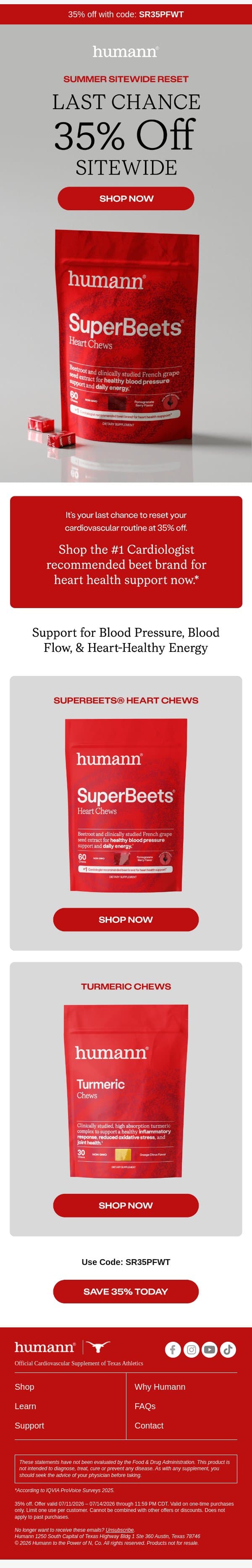 Final hours for 35% off sitewide. email from HumanN screenshot