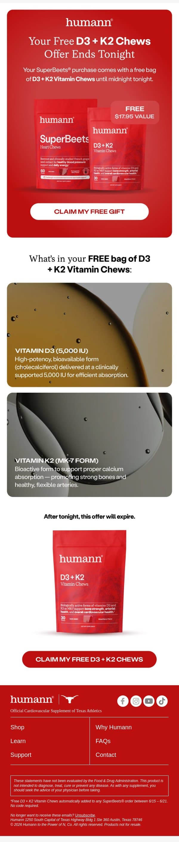 Last day for your free D3 + K2 Vitamin Chews. email from HumanN screenshot