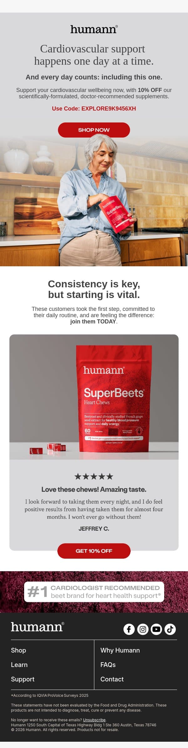 10% off to support your cardiovascular wellness journey! email from HumanN screenshot