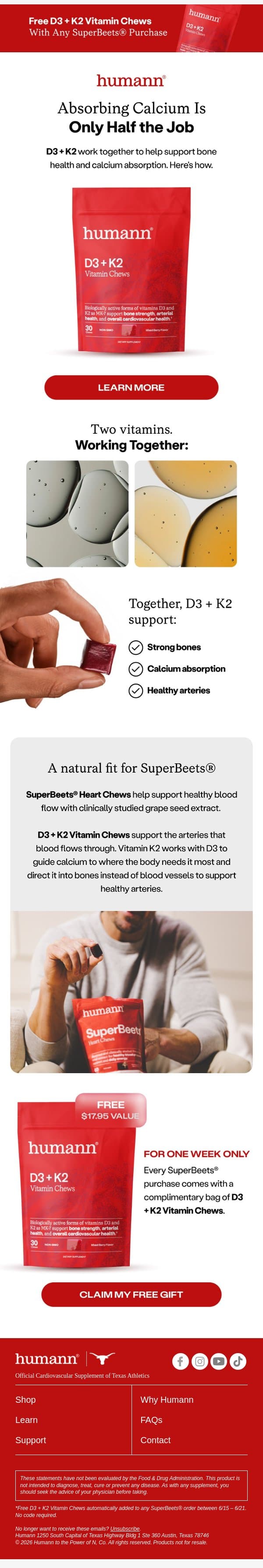 Support strong bones and healthy arteries. email from HumanN screenshot