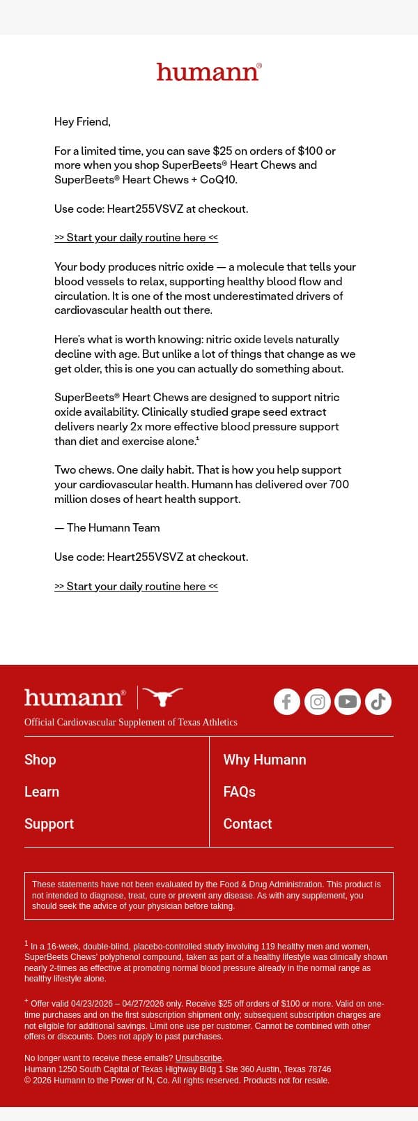 Ends Today - Don't Miss $25 Off Your $100 SuperBeets® Purchase! email from HumanN screenshot