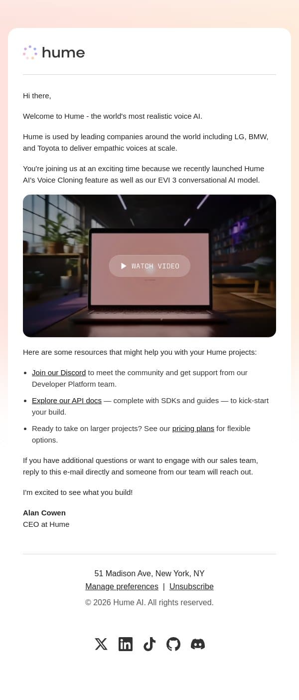 🎉 Welcome to Hume email from Hume AI screenshot